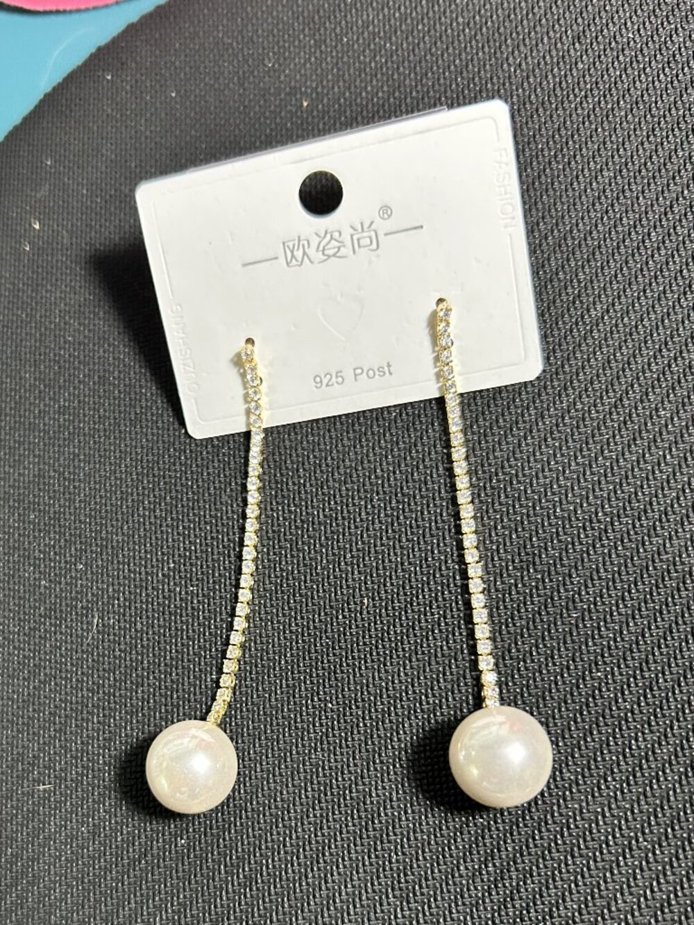 Long Rhinestone Tennis Chain Faux Pearl Drop Earrings 925 Post New